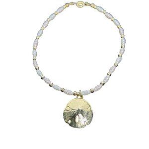 Vintage Gold Tone & Faux Pearl Ankle Bracelet With Sand Dollar Charm (5653)